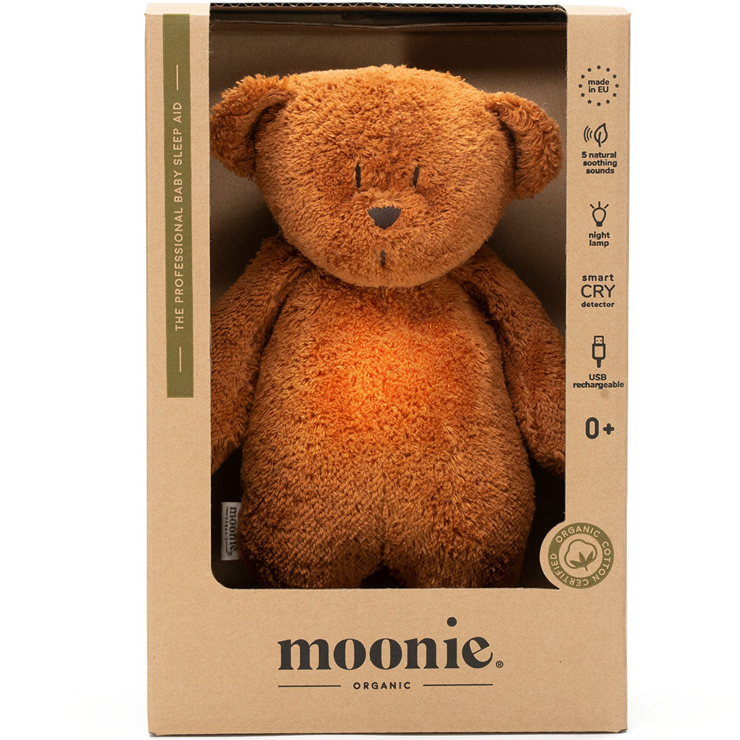 Verpakking van de Moonie knuffelbeer met nachtlamp, een bruine teddybeer in een kartonnen doos.