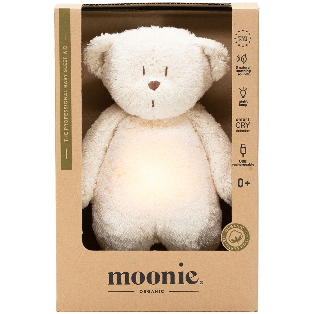 Verpakking van de moonie knuffelbeer met nachtlamp en geluid.
