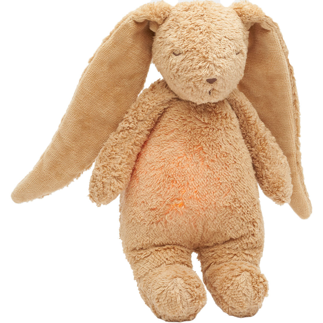 Moonie knuffelkonijn met nachtlampje in de buik, staand op een witte achtergrond.
