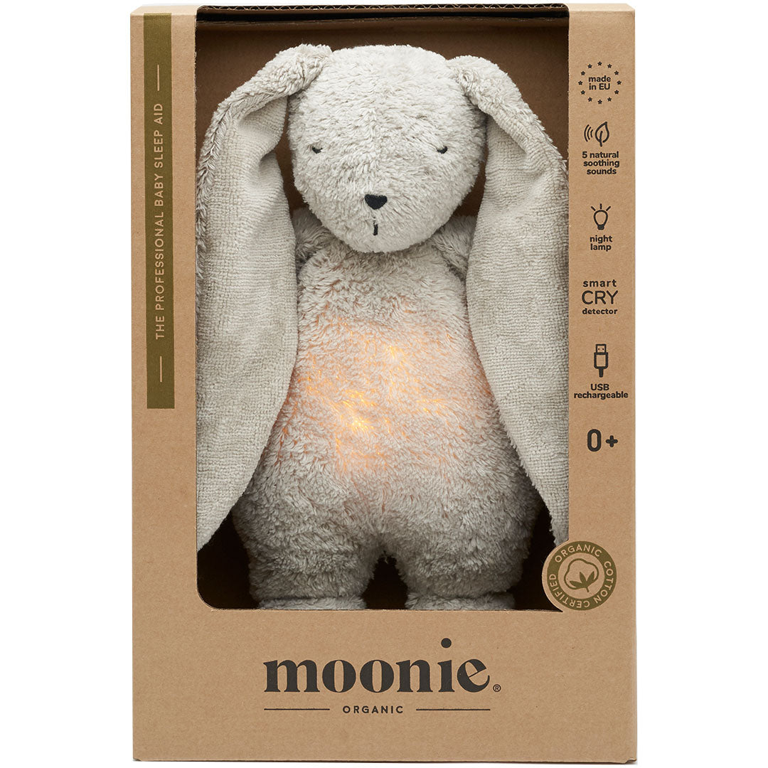 moonie knuffelkonijn met nachtlamp in de kartonnen verpakking.