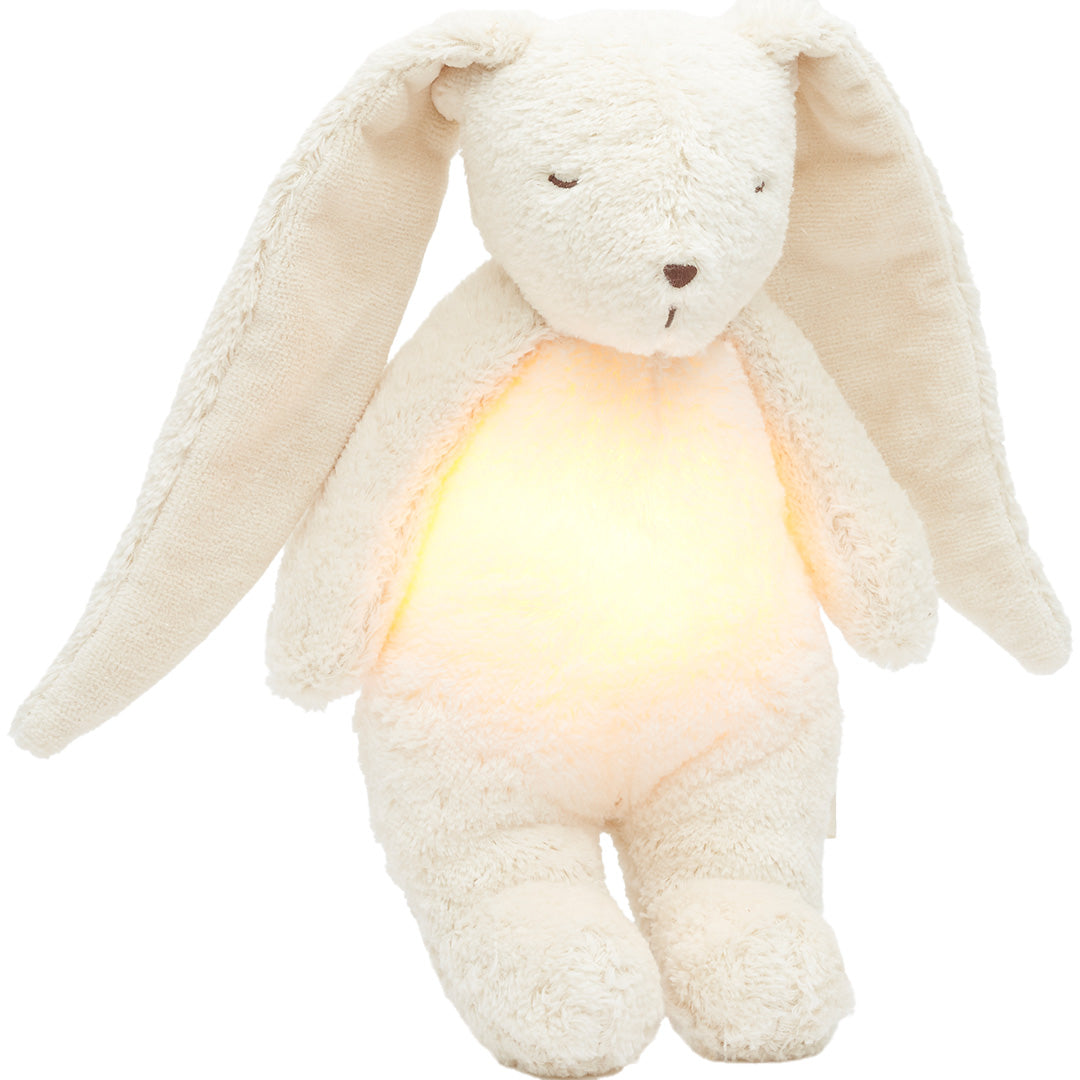 Moonie pluchen konijn met nachtlampje, de buik licht geel op.