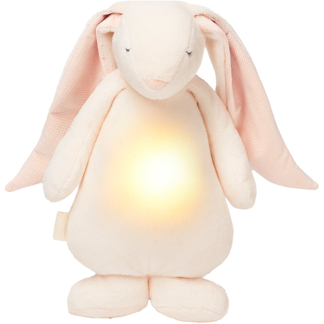 Moonie knuffelkonijn met nachtlamp, een beige konijn met roze oren en een lichtgevende buik.