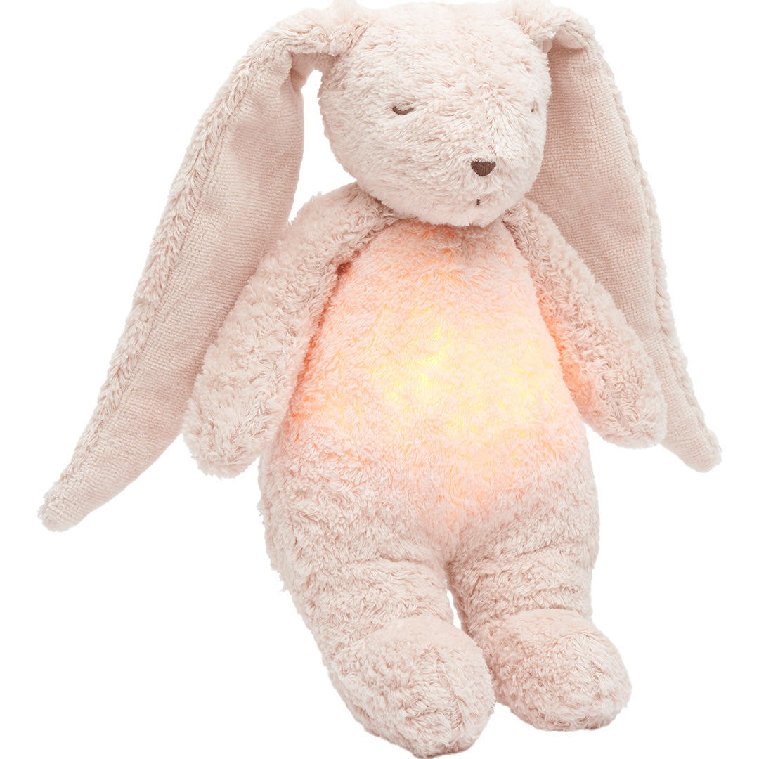 Moonie knuffelkonijn met nachtlamp, een roze pluchen konijn met een oplichtende buik.