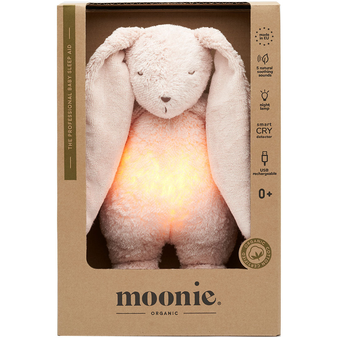 Verpakking van het Moonie knuffelkonijn met nachtlamp en geluid, met productinformatie.