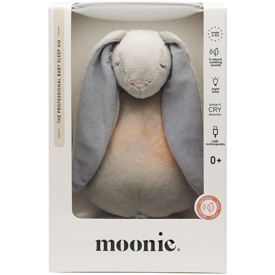 Verpakking van het moonie knuffelkonijn met nachtlamp en geluid.
