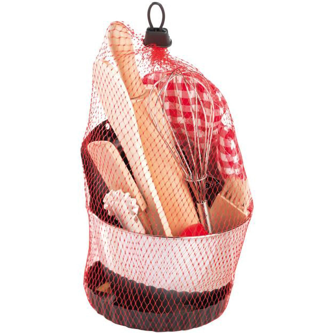 De moses. speelgoed bakset verpakt in een rood net.