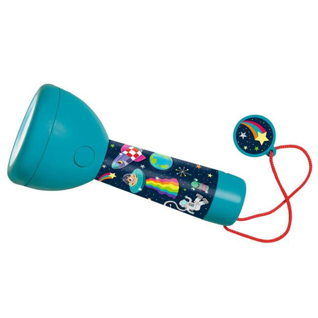 moses. zaklamp met ruimte-thema, inclusief planeten en raketten, en een rood koordje.