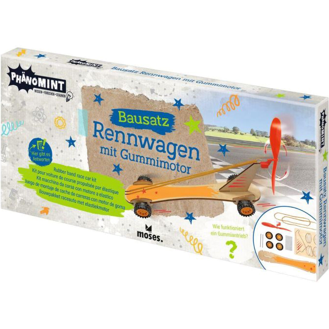 De verpakking van de moses. bouwset voor een raceauto met rubberbandmotor.