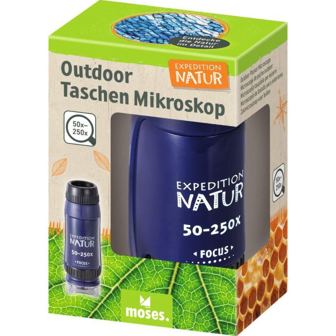 De verpakking van de moses. zakmicroscoop, met een afbeelding van het blauwe microscoop en de tekst 'Outdoor Taschen Mikroskop'.