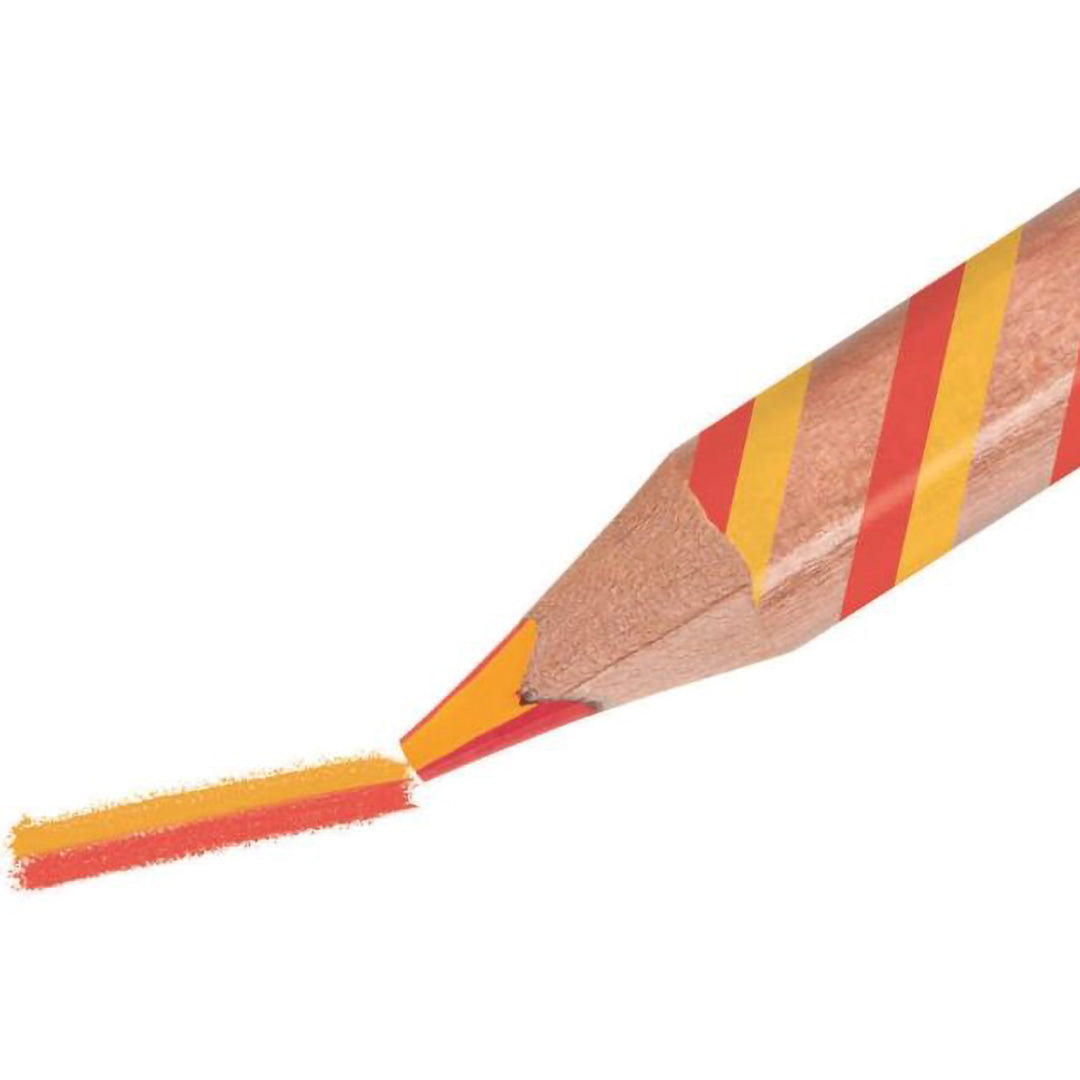 Detail van een gestreept kleurpotlood dat een lijn trekt met twee kleuren.
