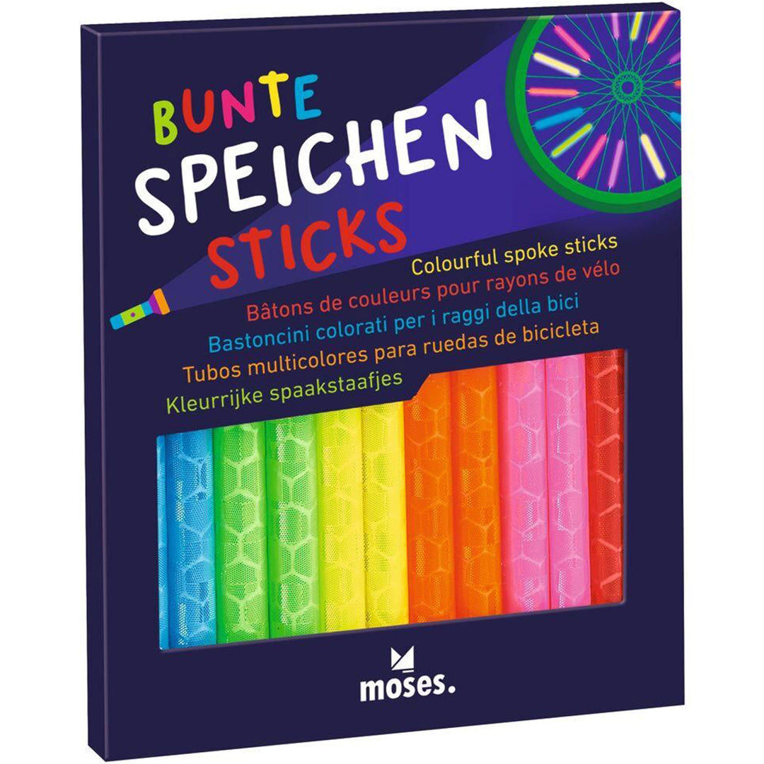 De moses. verpakking van kleurrijke spaakreflectoren voor fietsen, met de tekst 'BUNTE SPEICHEN STICKS'.