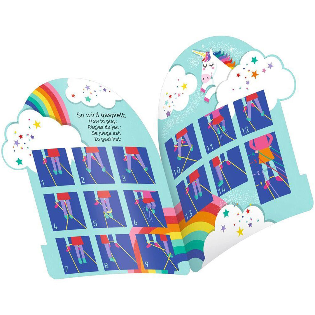 Infographic met genummerde instructies voor het spelen met de springelastiek, met een eenhoorn en regenboog.