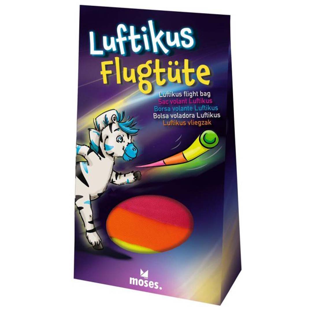 Verpakking van de moses. Luftikus vliegzak met een cartoon zebra en de productnaam in meerdere talen.