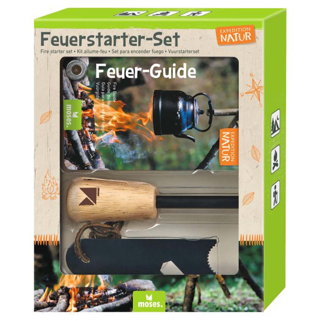 De verpakking van de moses. Feuerstarter-Set met de vuurstarter, een gids en een doek.