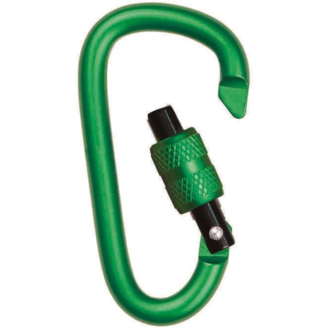 Detail van een groene karabijnhaak met schroefsluiting.