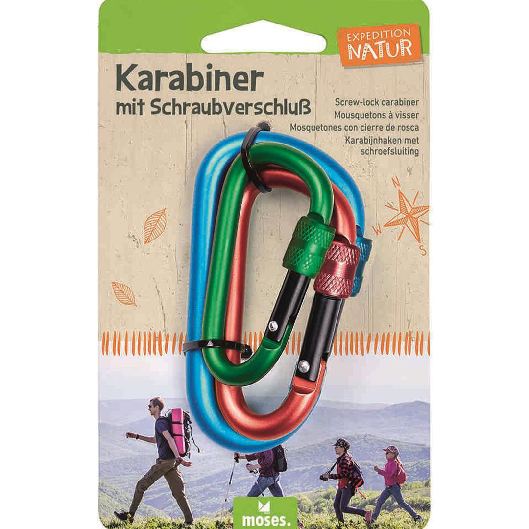 Verpakking van de moses. Expedition Natur karabijnhaken met schroefsluiting, met afbeelding van wandelaars.
