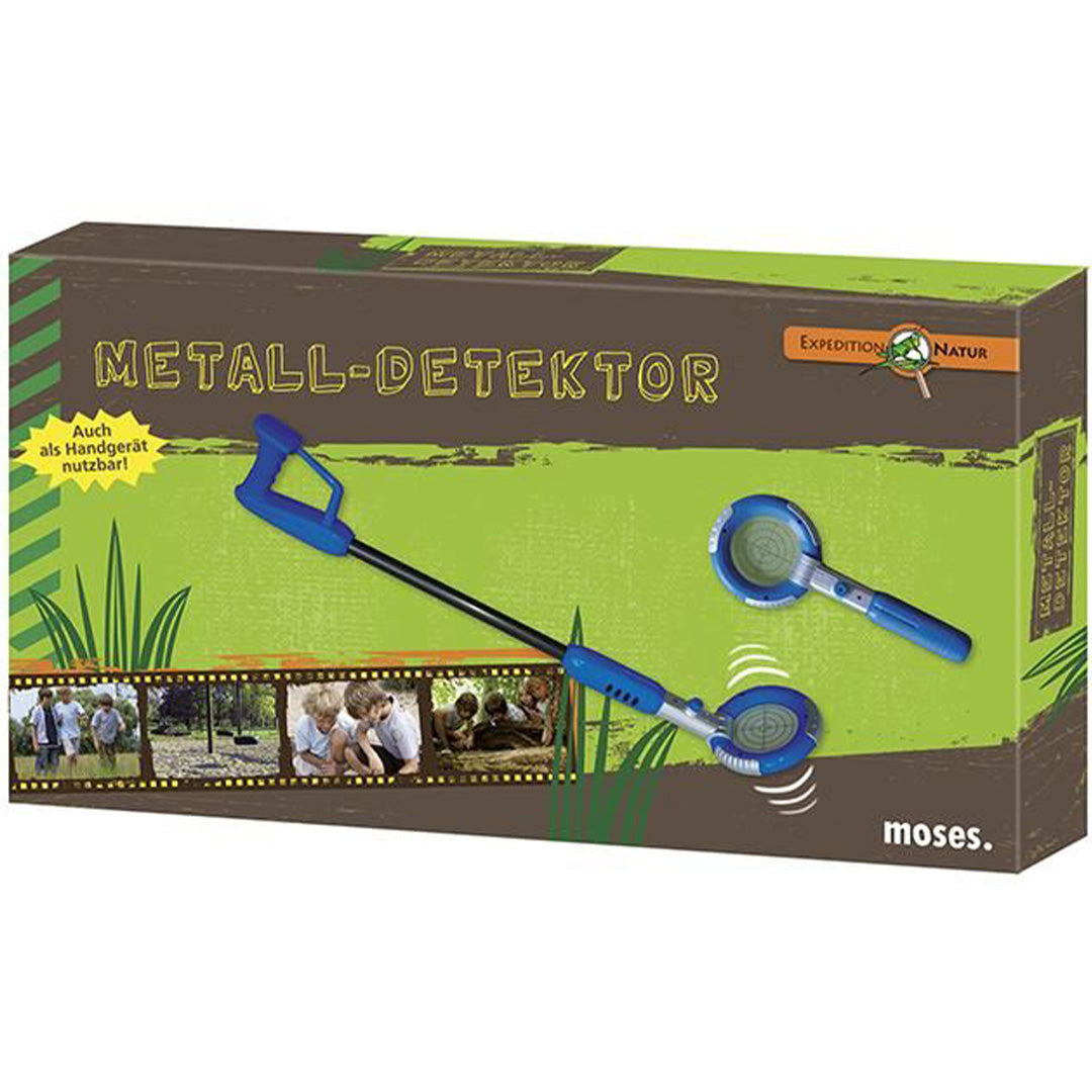 Verpakking van de moses. speelgoed metaaldetector Expedition Natur, met productafbeeldingen en spelende kinderen.