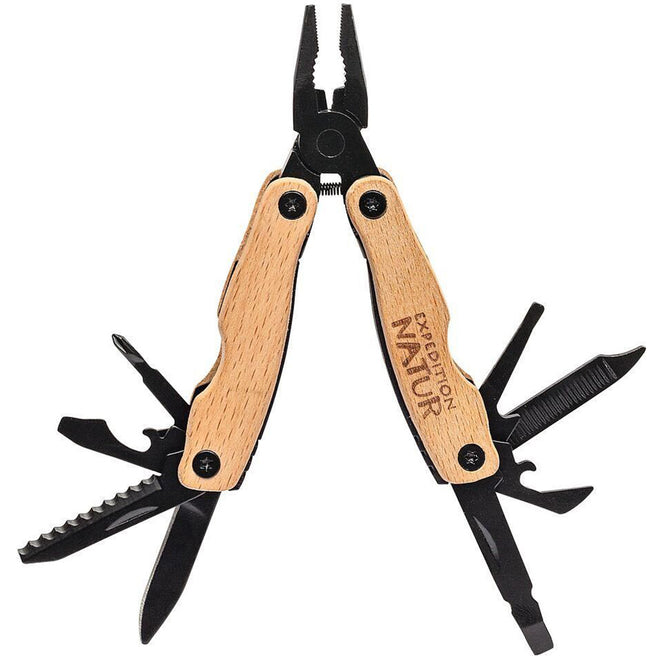 moses. multitool tang met houten handvatten en uitgeklapte gereedschappen.