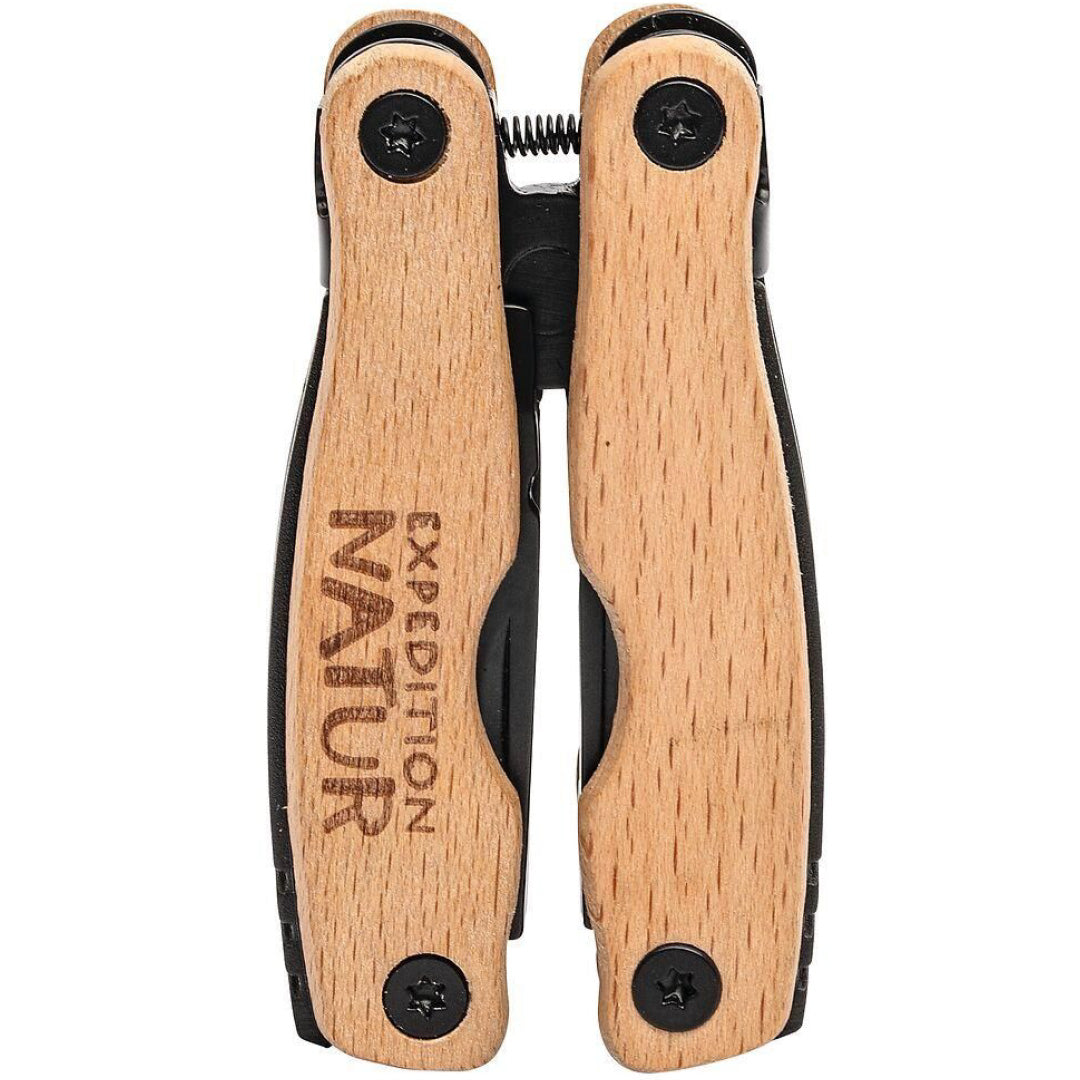 moses. multitool tang met gesloten houten handvatten en de tekst 'EXPEDITION NATUR'.