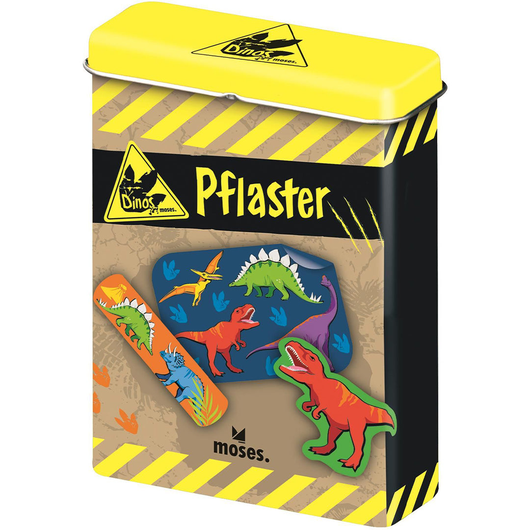moses. verpakking met dinosauruspleisters in een geel-zwart blik.