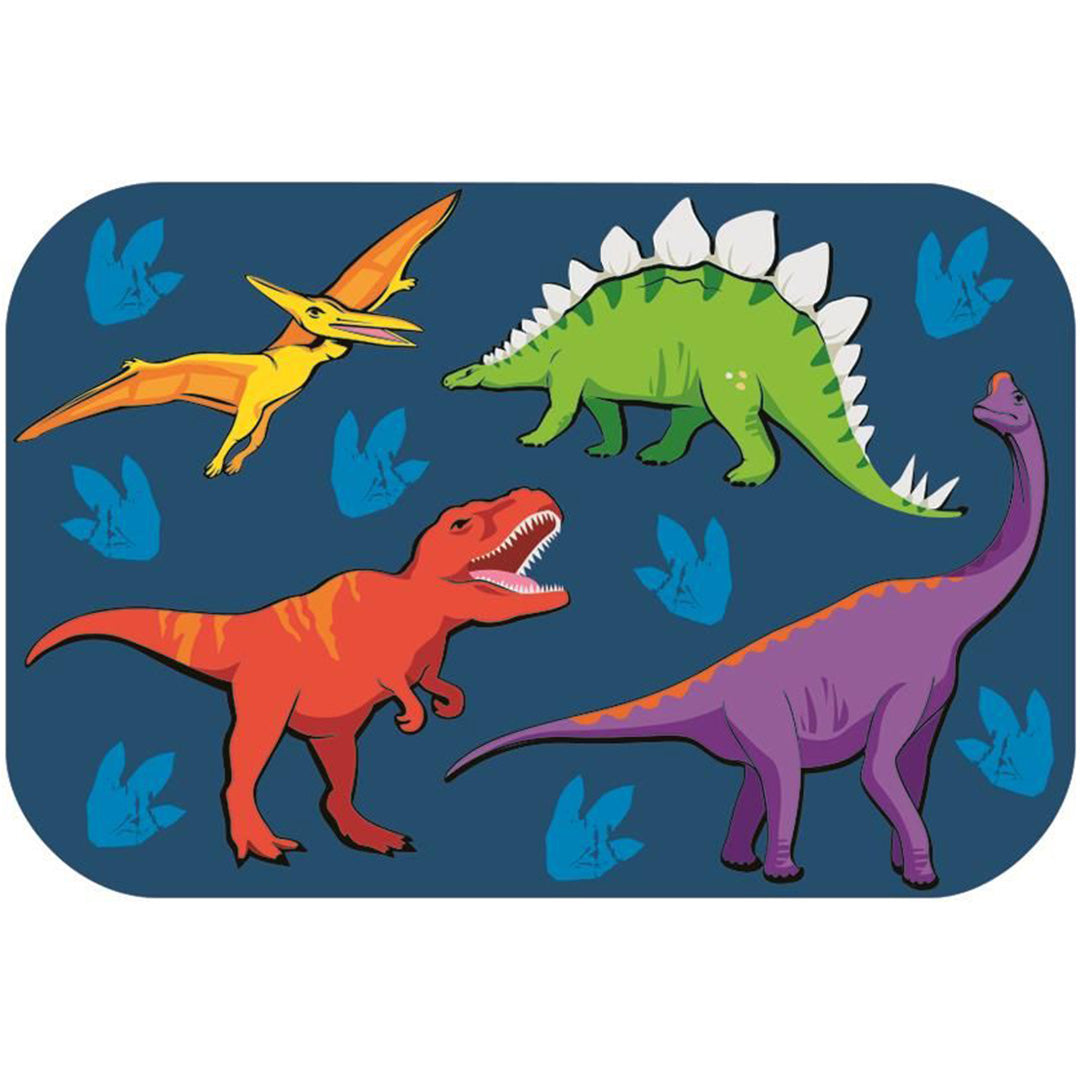 Detail van vier verschillende dinosauruspleisters: een Pterodactyl, Stegosaurus, T-Rex en Brontosaurus.