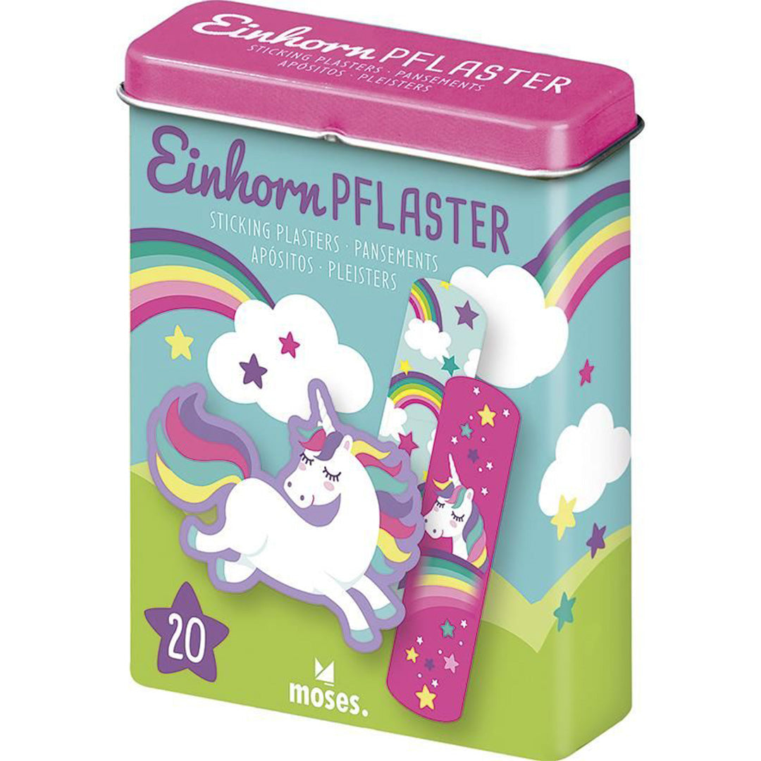 moses. eenhoorn pleisters in een metalen blik met regenboog- en sterrenpatroon.