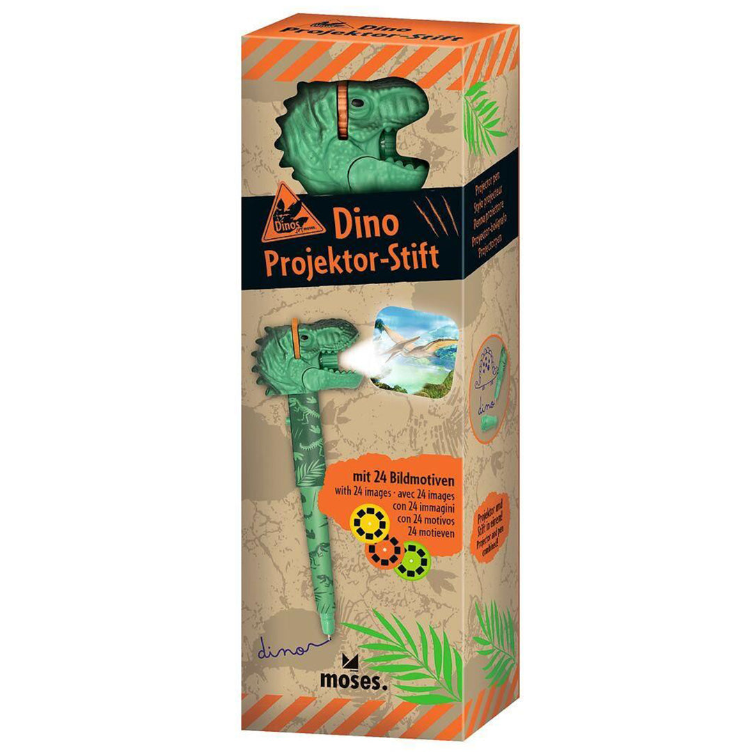 De verpakking van de Moses. dino projector balpen, met afbeeldingen van de pen en projecties.