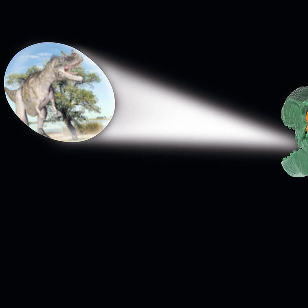 De groene projector balpen projecteert een afbeelding van een T-Rex dinosaurus op een donkere achtergrond.