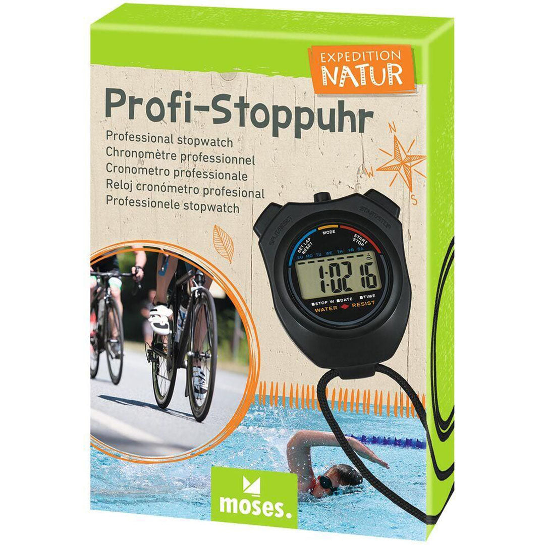 De verpakking van de moses. digitale stopwatch met afbeeldingen van sporters en de stopwatch zelf.