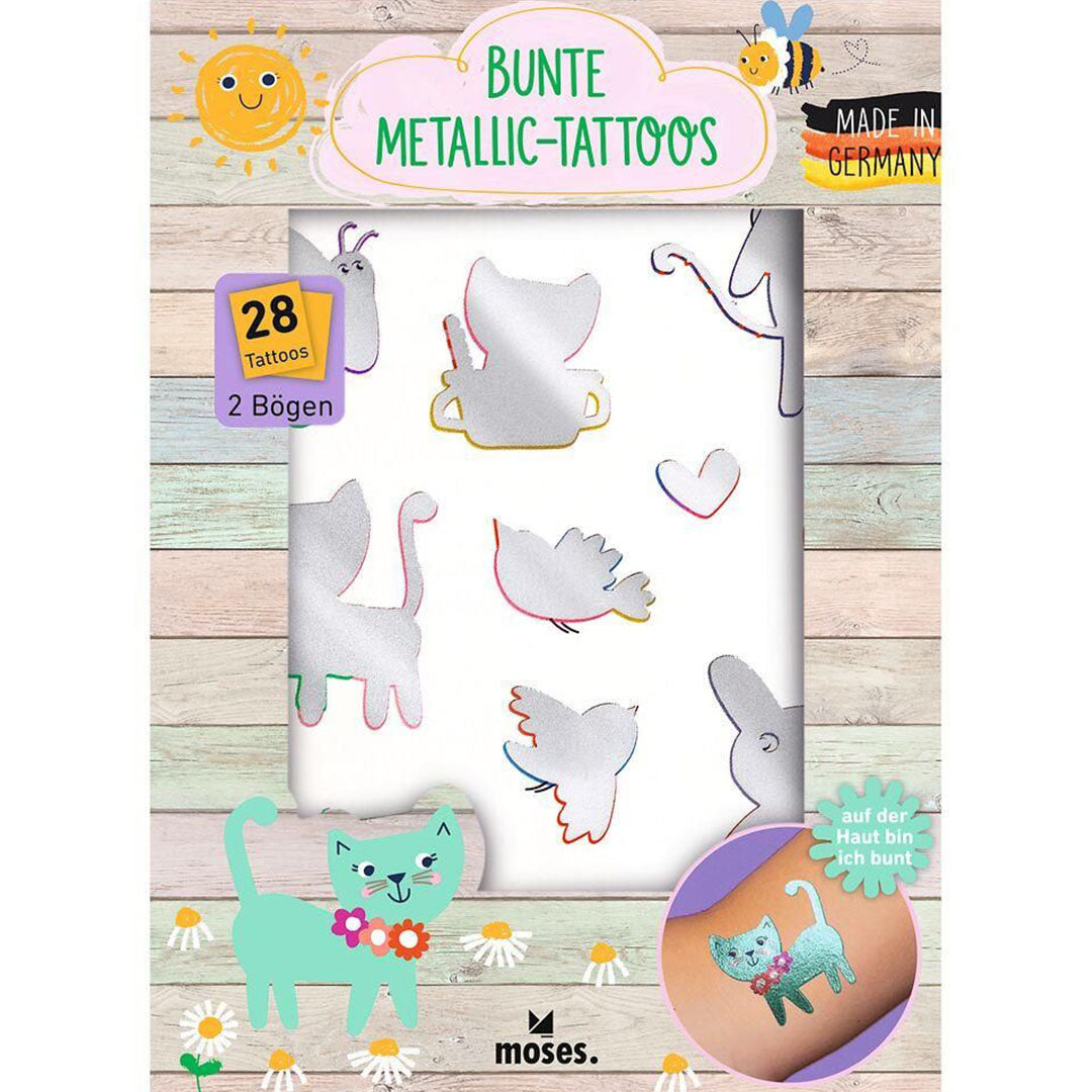 Verpakking van moses. metallic tijdelijke tatoeages voor kinderen met dieren en harten.