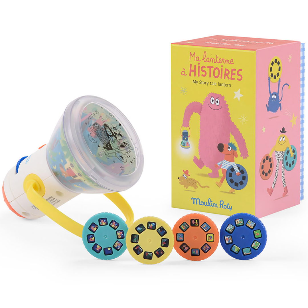 De Moulin Roty 3-in-1 projector met vier projectieschijven en de productverpakking, met Les Schmouks figuren.