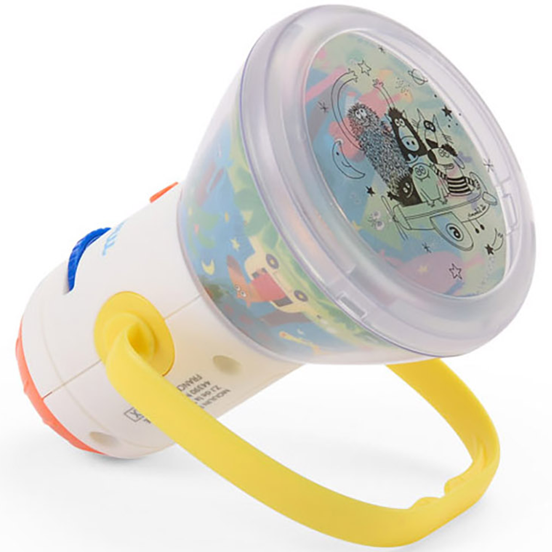 Detailopname van de Moulin Roty 3-in-1 projector met Les Schmouks figuren en sterren op de transparante koepel.