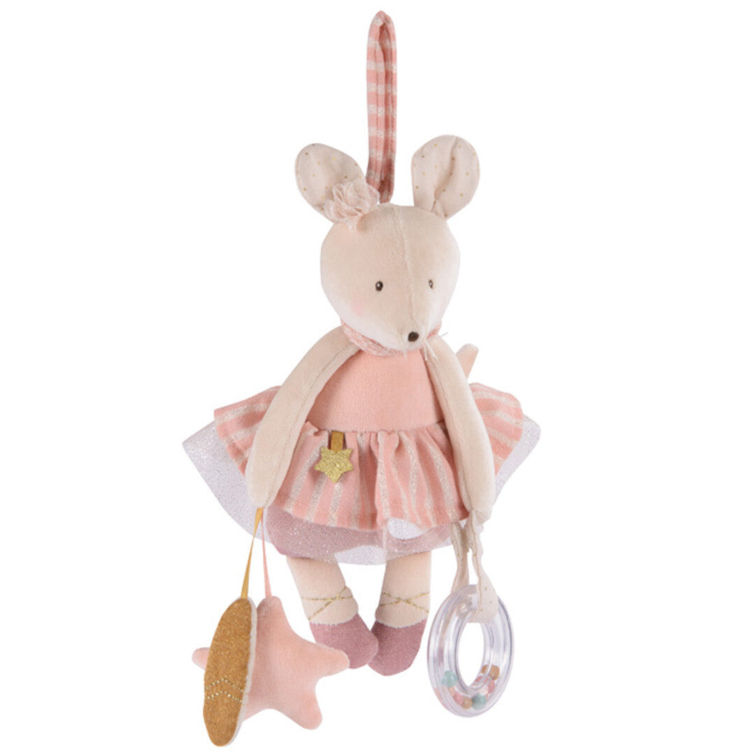 Moulin Roty activiteitenknuffel hanger in de vorm van een muis ballerina met roze jurk, een ster en een rammelaar.