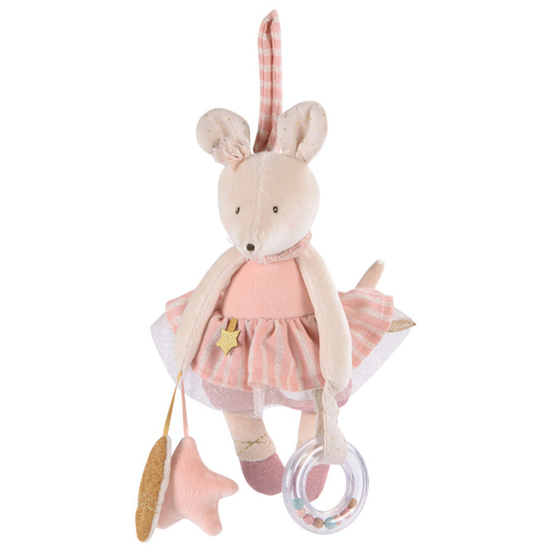 Moulin Roty activiteitenknuffel hanger muis ballerina met roze jurk, een ster en een rammelaar.
