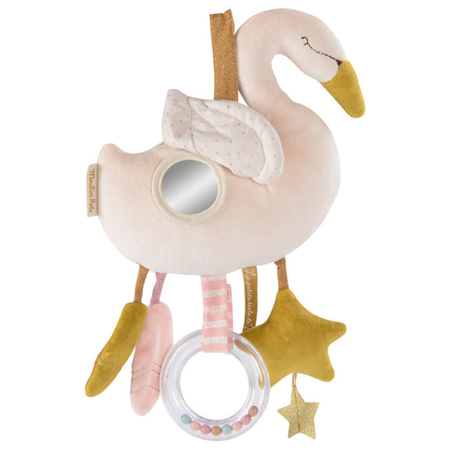 Moulin Roty activiteitenknuffel in de vorm van een beige zwaan met spiegel en rammelaar.