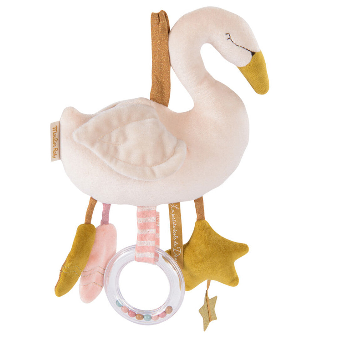 Moulin Roty activiteitenknuffel in de vorm van een beige zwaan met rammelaar en sterren.