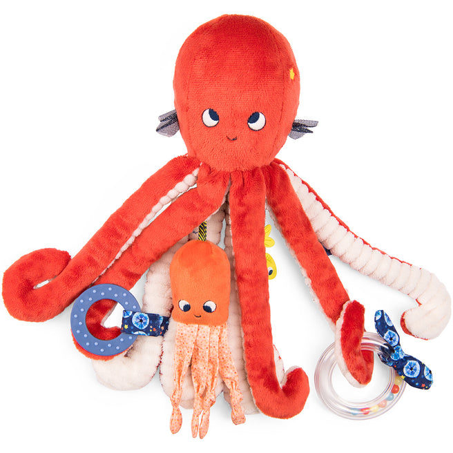 Moulin Roty rode pluche inktvis activiteitsspeelgoed voor baby's met een kleine oranje inktvis, een blauwe ring en een rammelaar.