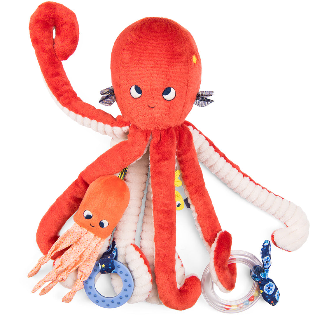 Moulin Roty rode pluche inktvis activiteitsspeelgoed voor baby's met een kleine oranje inktvis, een blauwe ring en een rammelaar.