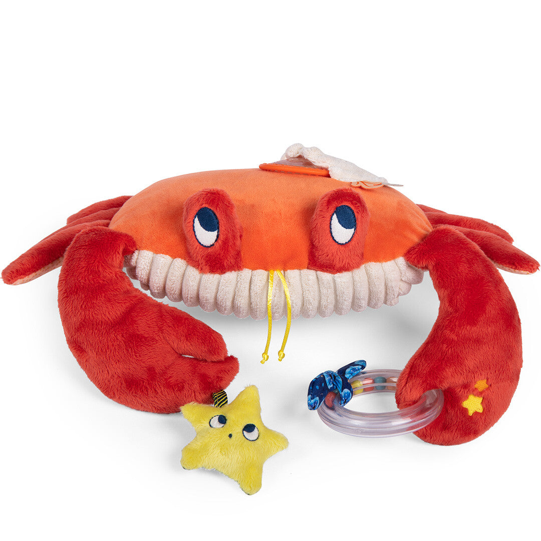 Moulin Roty activiteitsspeelgoed krab met een gele ster en een rammelaar.