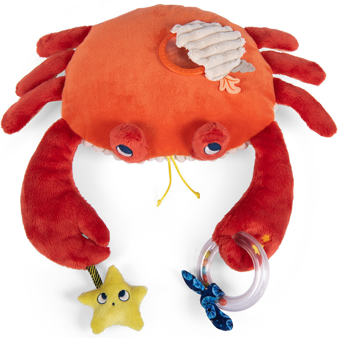 Bovenaanzicht van de Moulin Roty activiteitsspeelgoed krab met een gele ster en rammelaar.