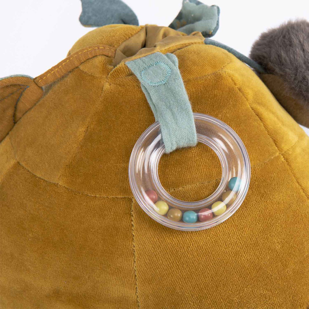 Detail van de transparante rammelaar met gekleurde kralen aan de gele schild van de activiteitsschildpad.