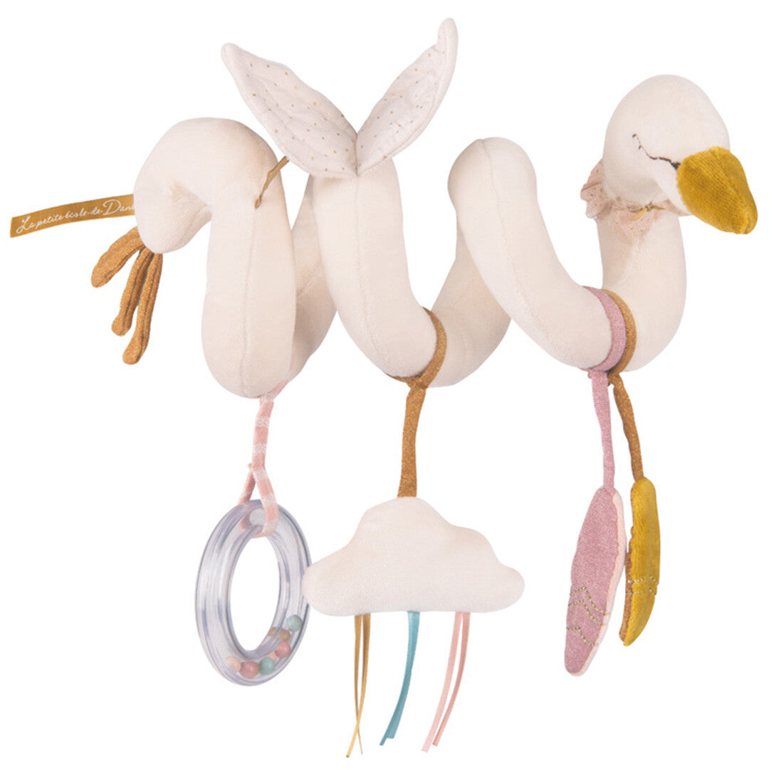 Moulin Roty babyspeelgoed activiteitenspiraal met een beige gans, een wolk en een rammelaar.