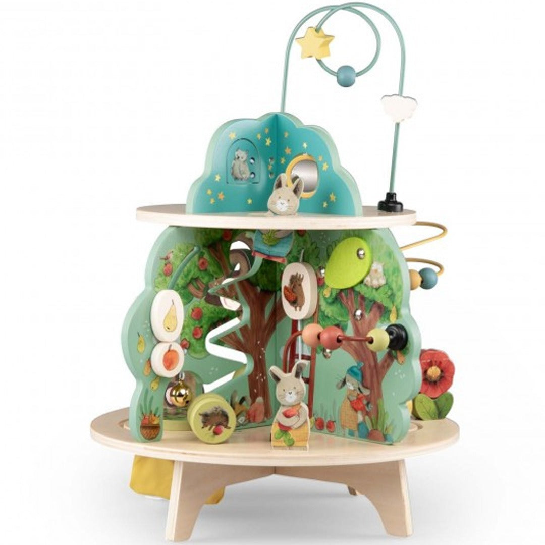 Moulin Roty activiteitentafel met een spiraalvormige glijbaan en dierenfiguren.