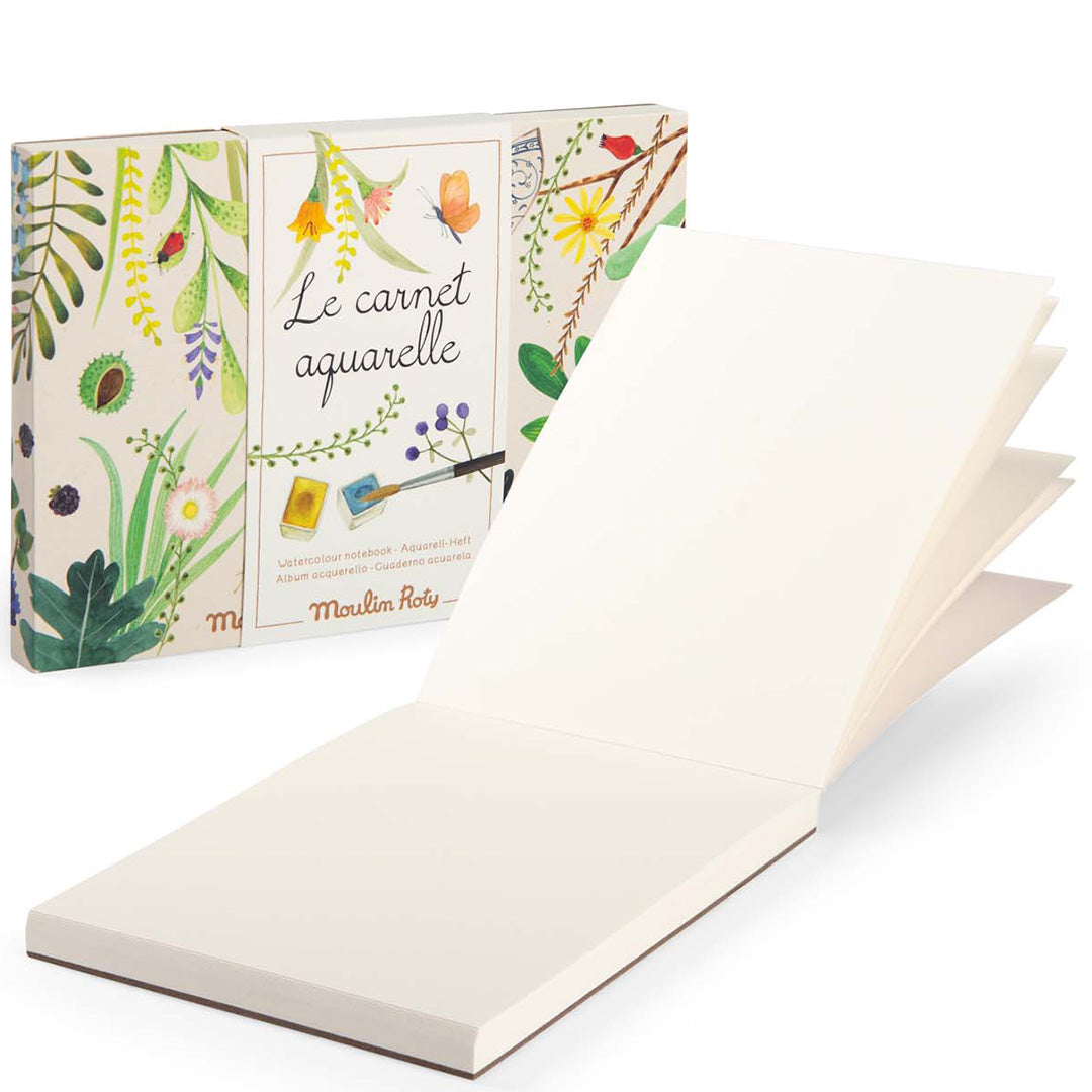 Moulin Roty aquarel tekenboek 'Le carnet aquarelle' met open blanco pagina's en de verpakking.