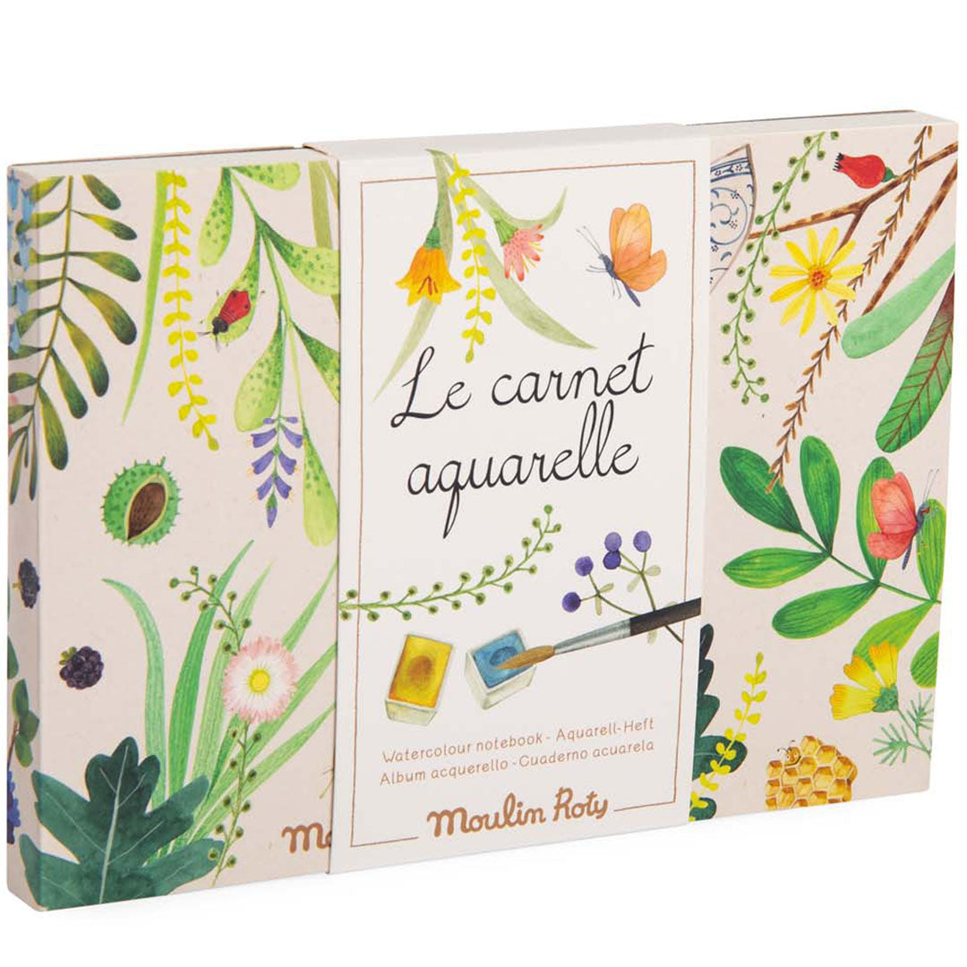 Moulin Roty verpakking van het aquarel tekenboek 'Le carnet aquarelle' met natuurillustraties.