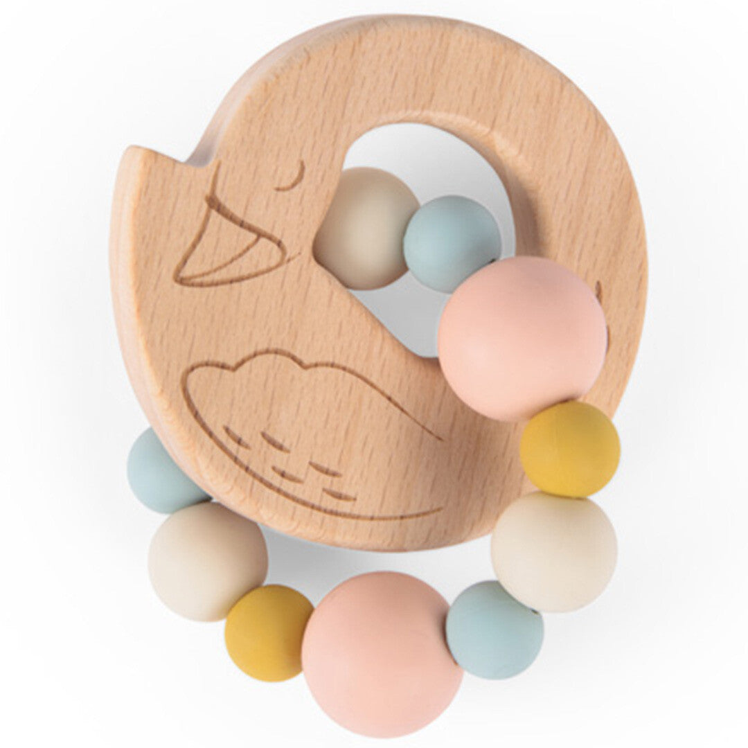 Moulin Roty houten bijtring rammelaar in de vorm van een zwaan met gekleurde siliconen kralen.