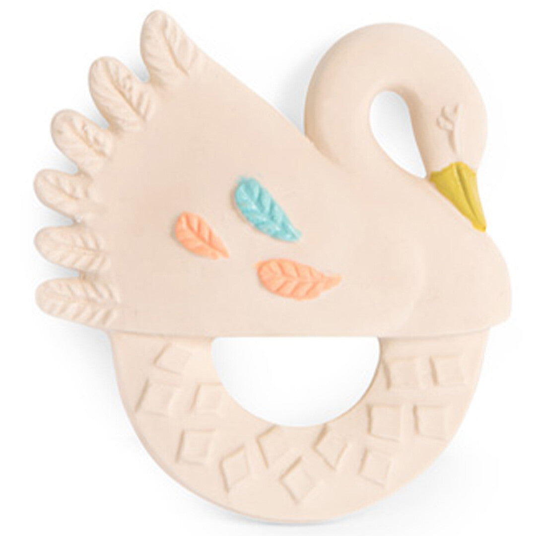 Moulin Roty babyspeelgoed bijtring in de vorm van een beige zwaan met gekleurde bladeren en textuur.