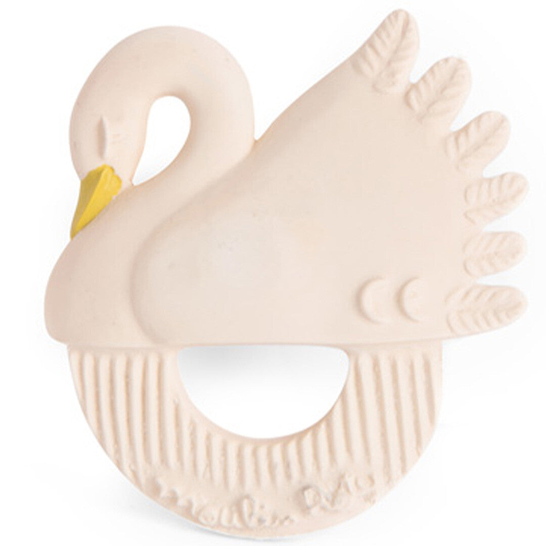 Achterkant van de Moulin Roty babyspeelgoed bijtring in de vorm van een beige zwaan met verticale ribbels.