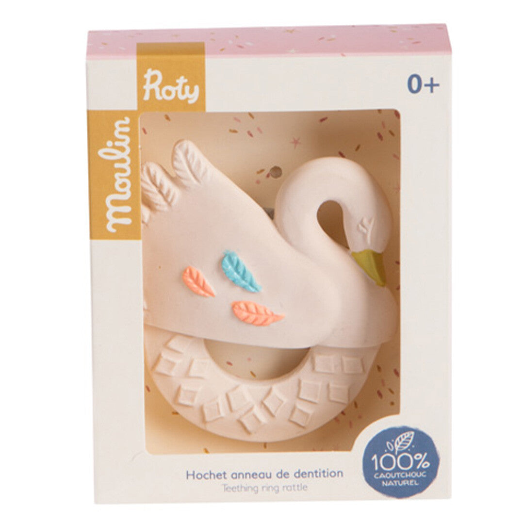Verpakking van de Moulin Roty babyspeelgoed bijtring in de vorm van een zwaan.