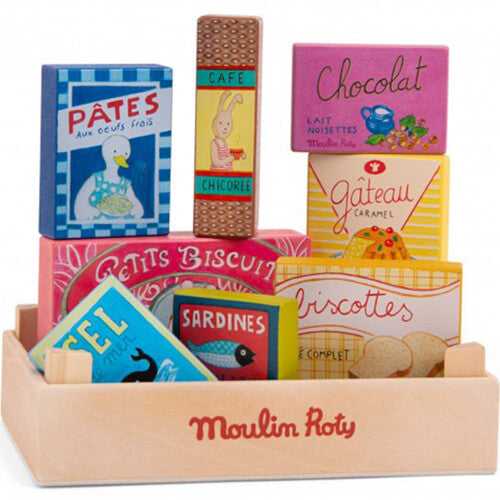 Moulin Roty houten boodschappen set met verschillende speelgoedproducten in een houten krat.